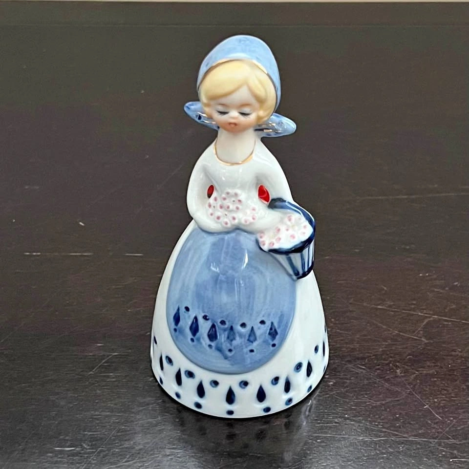 Vintage Hand Painted Blue and White Girl Table Bell