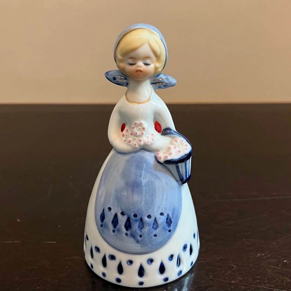 Vintage Hand Painted Blue and White Girl Table Bell - photo 2