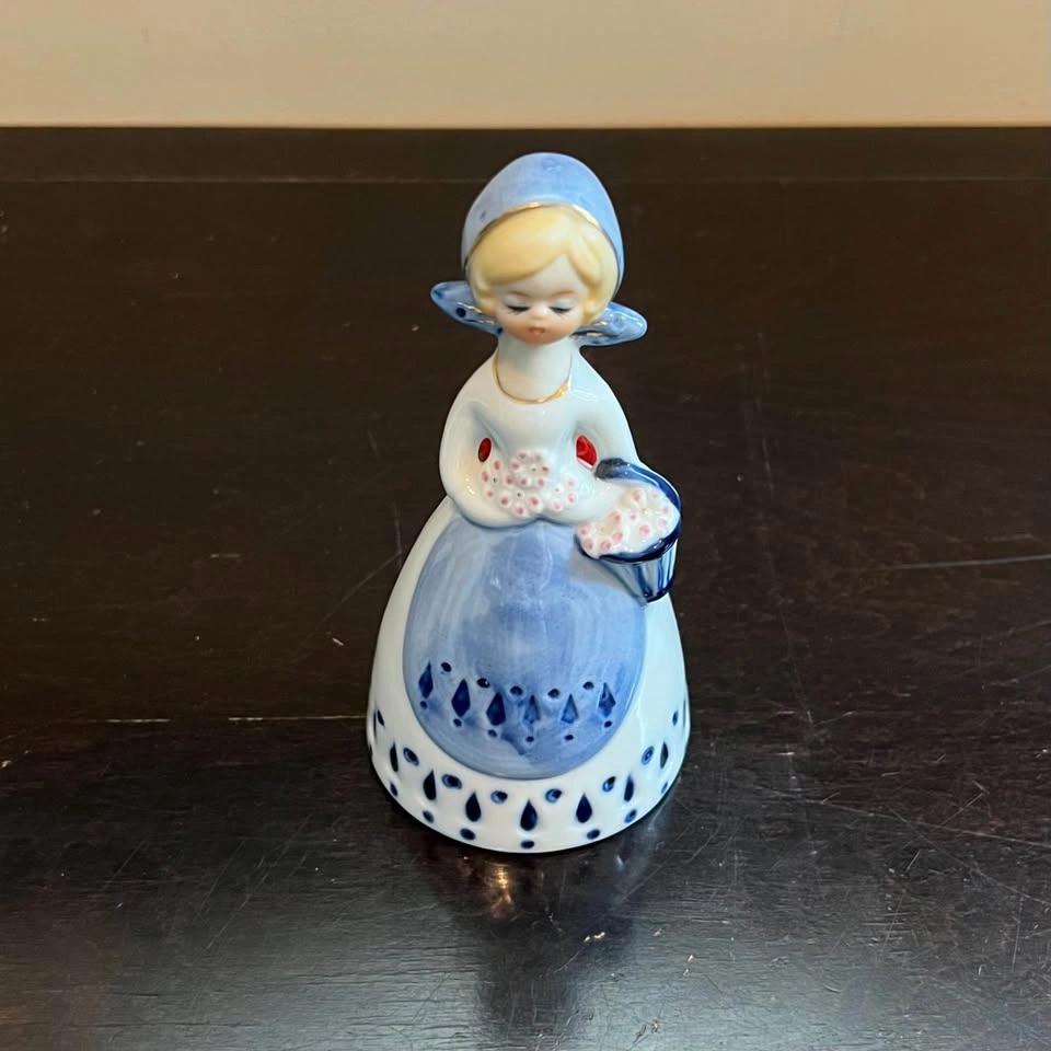 Vintage Hand Painted Blue and White Girl Table Bell - photo 3