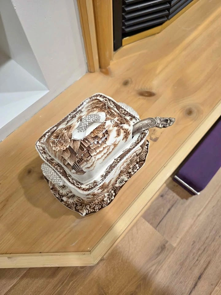 Vintage Brown Transferware Soup Tureen with Ladle and Underplate