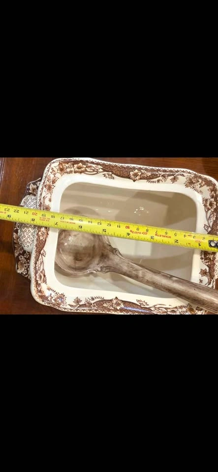 Vintage Brown Transferware Soup Tureen with Ladle and Underplate - photo 4