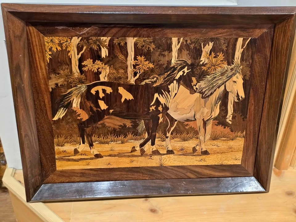 Vintage Marquetry Wood Inlay Horse Art 26 X 20 Inches