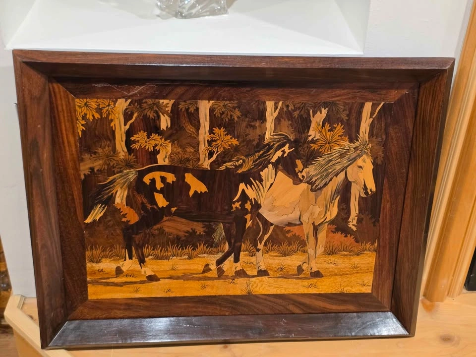 Vintage Marquetry Wood Inlay Horse Art 26 X 20 Inches - photo 2