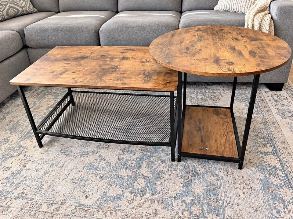 Rustic Brown Coffee Table + Round Side Table Set