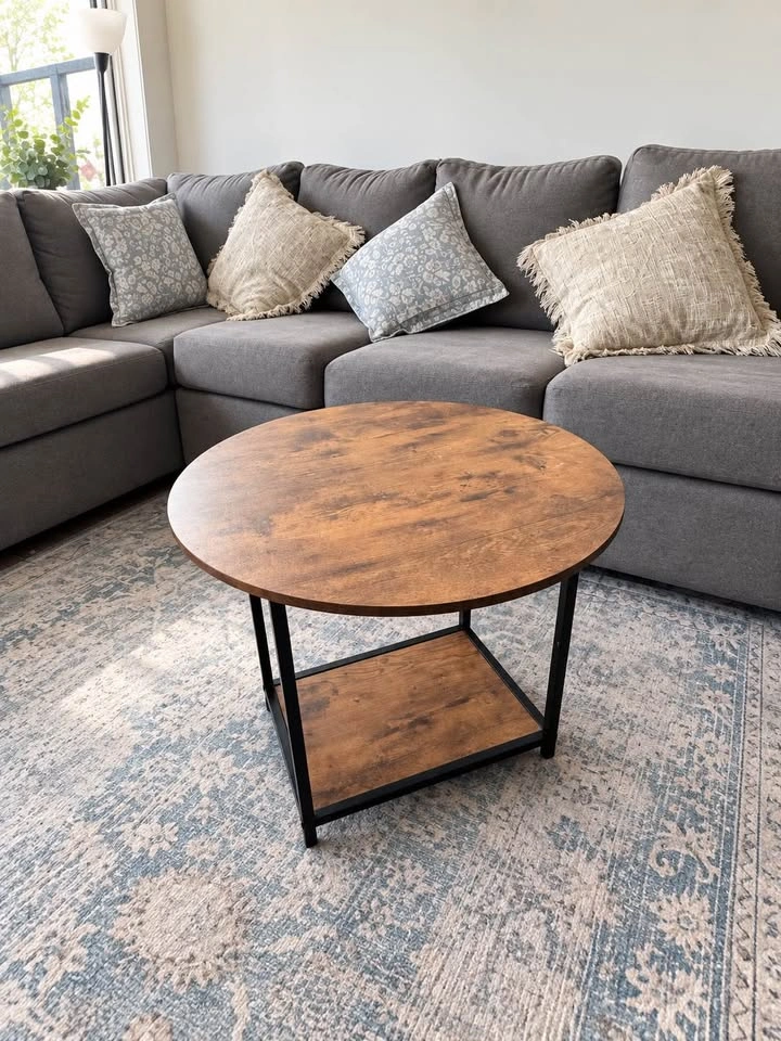 Rustic Brown Coffee Table + Round Side Table Set - photo 2