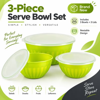 3-Piece Lime Green Serve Bowl Set with Divider & Lid - Brand New