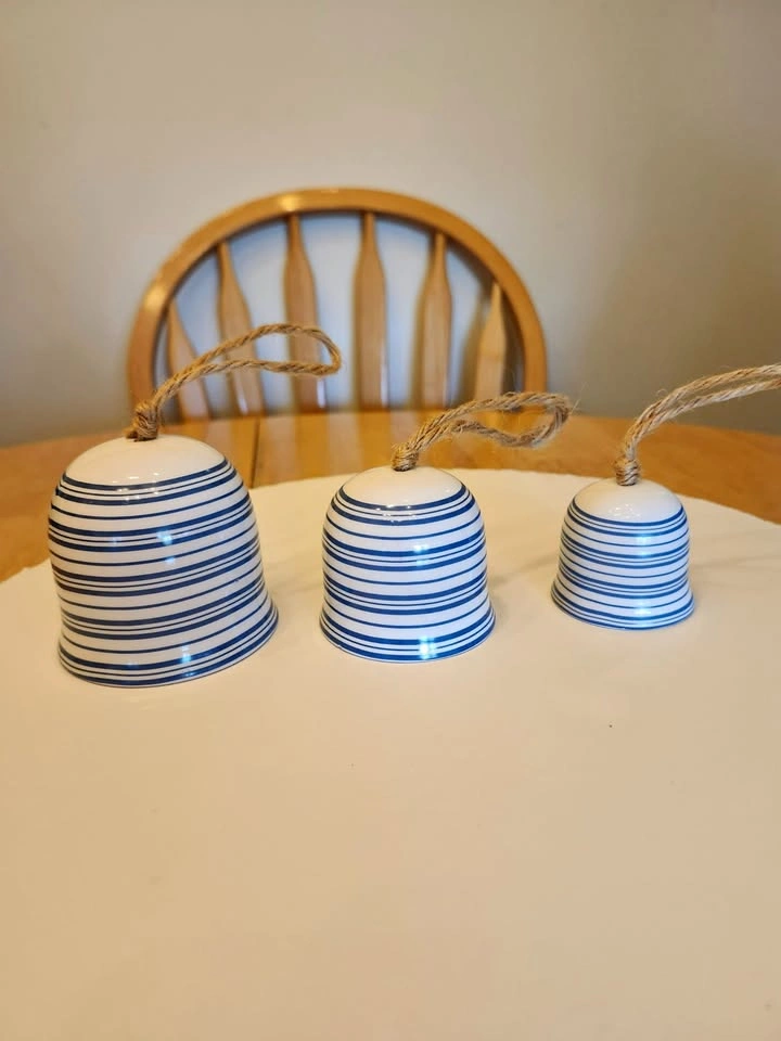 Three Blue and White Striped Ceramic Bells