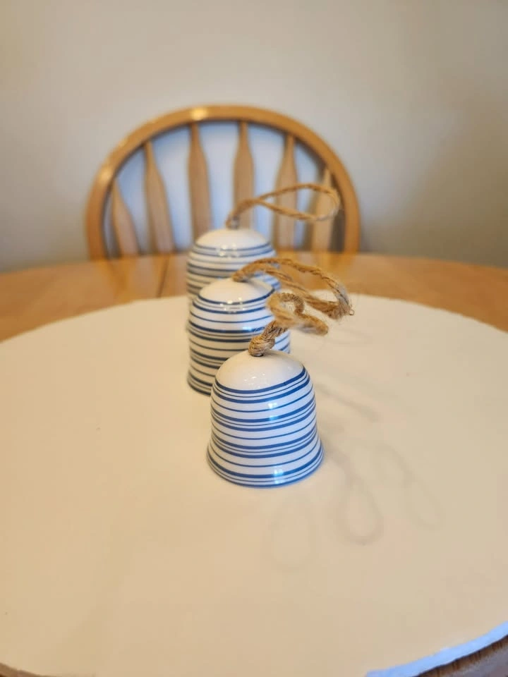Three Blue and White Striped Ceramic Bells - photo 2