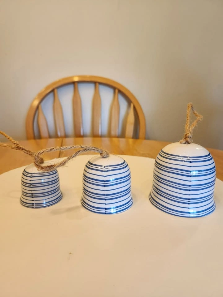 Three Blue and White Striped Ceramic Bells - photo 3