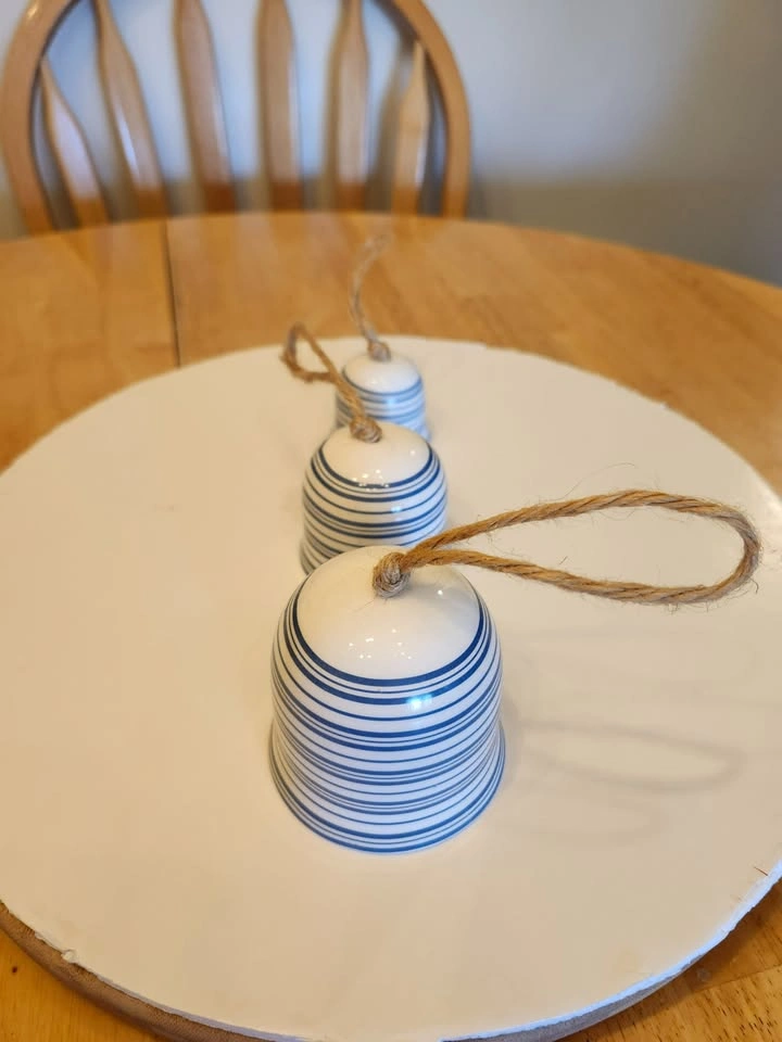 Three Blue and White Striped Ceramic Bells - photo 4
