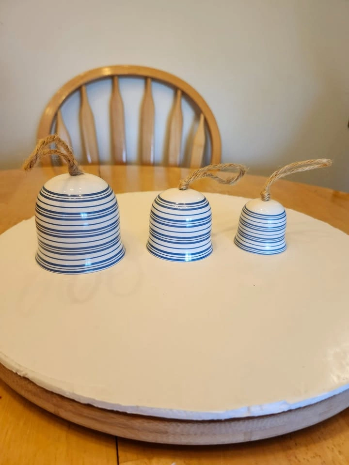 Three Blue and White Striped Ceramic Bells - photo 5