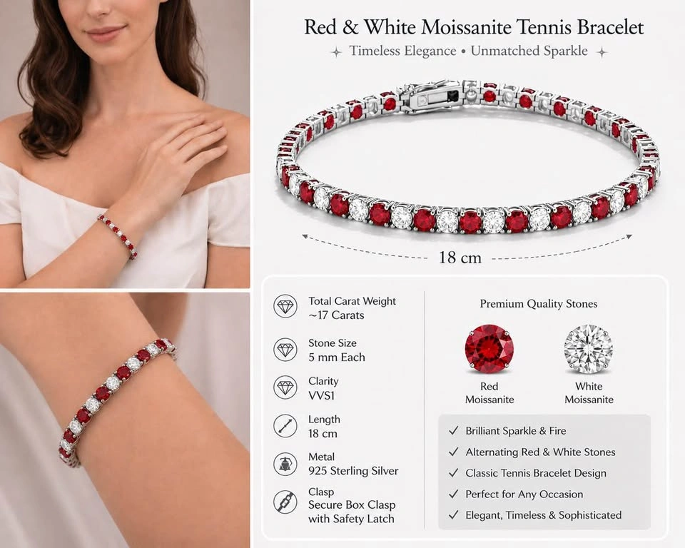 17 Carat Luxury Moissanite Red & White Tennis Bracelet - photo 5