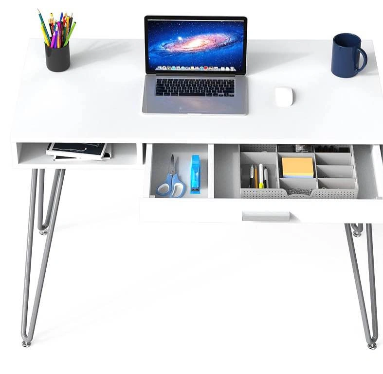 White Hairpin Leg Desk with Drawer – 40" W - photo 4