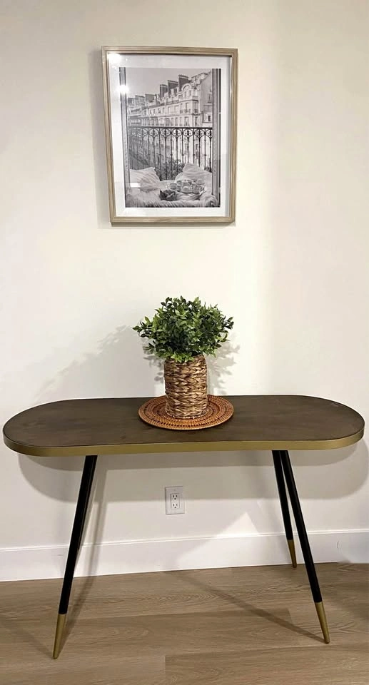 Mid-Century Console Table – Walnut Top, Gold & Black Legs