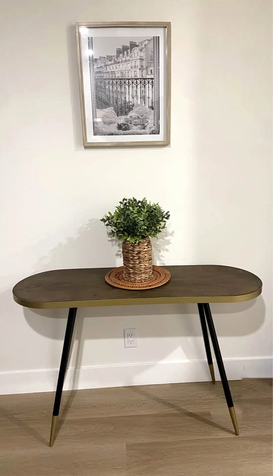 Mid-Century Console Table – Walnut Top, Gold & Black Legs - photo 2