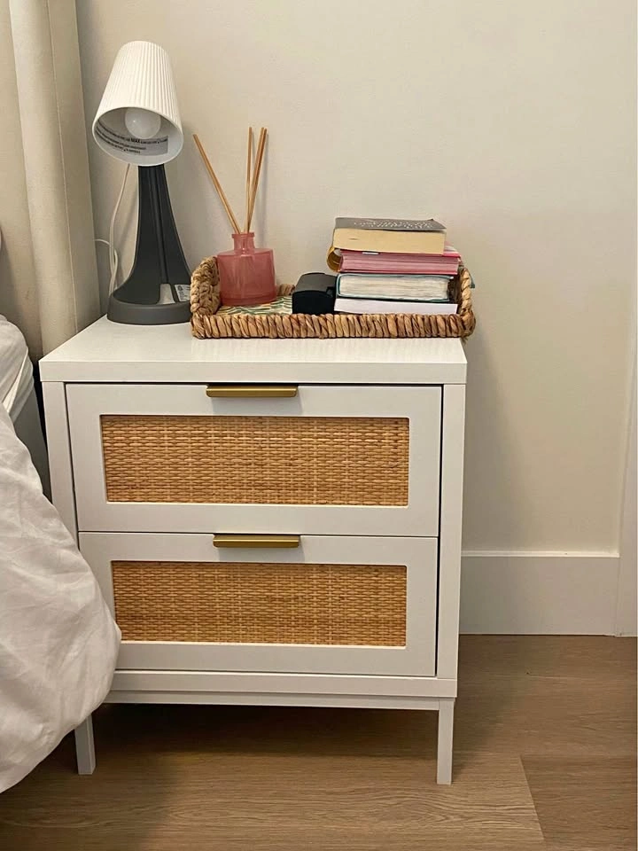 White Rattan Nightstand – 2 Drawers, Gold Handles