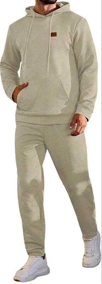 Men's Textured Geometric Hoodie and Joggers Tracksuit Set - Beig