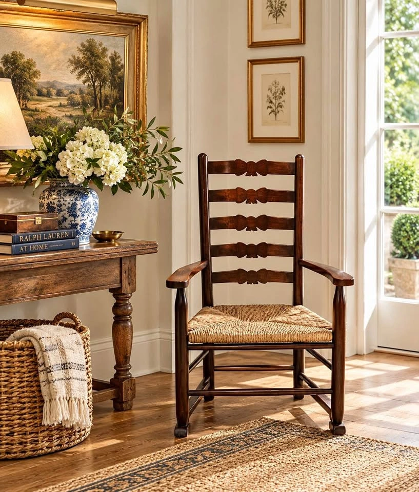Ladderback Rocking Chair With Woven Rush Seat