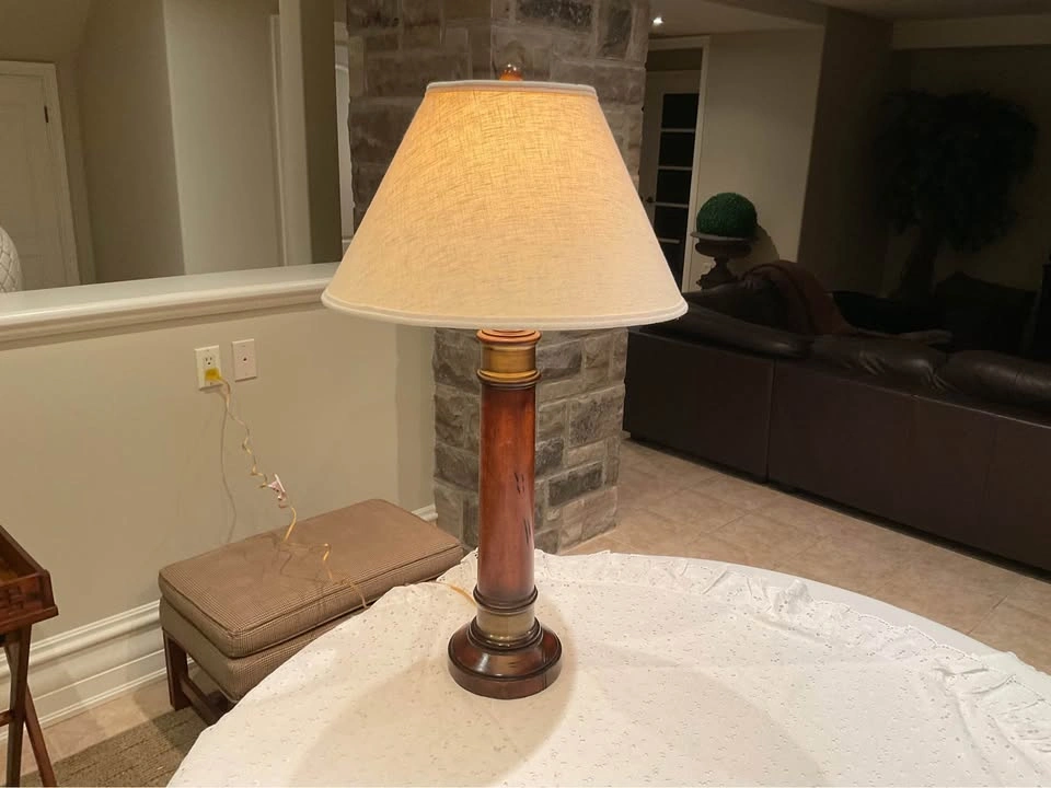 Table Lamp Neoclassical Style Wooden Column With Brass Collar - photo 3