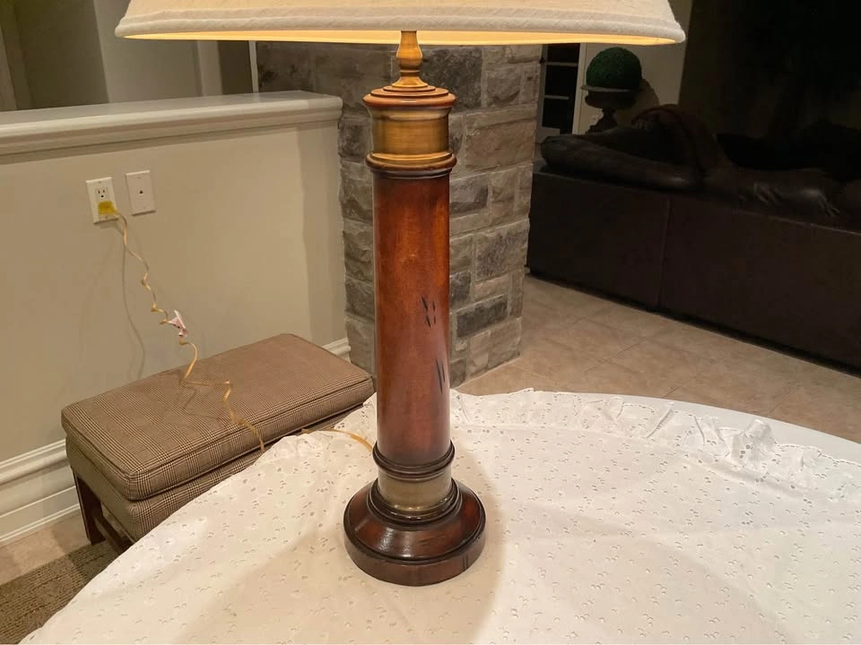 Table Lamp Neoclassical Style Wooden Column With Brass Collar - photo 4
