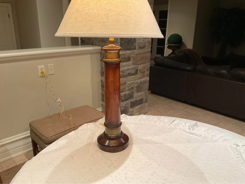 Table Lamp Neoclassical Style Wooden Column With Brass Collar - photo 5