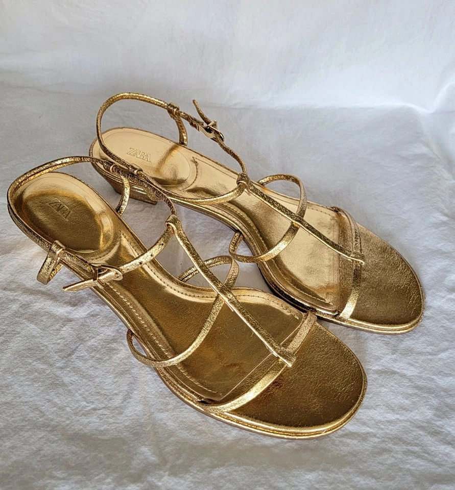 Zara Gold Strappy Heeled Sandals - Size 8 (EUR 39) | Worn Once