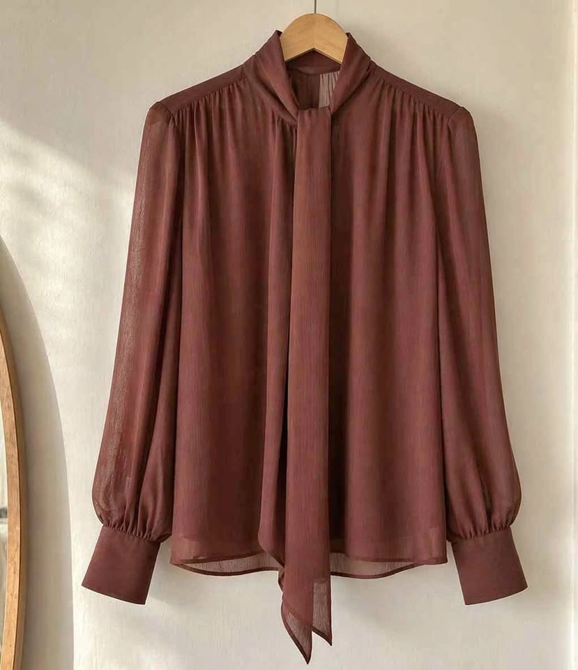 H&M Sheer Chiffon Tie-Neck Blouse Brown Balloon Sleeve