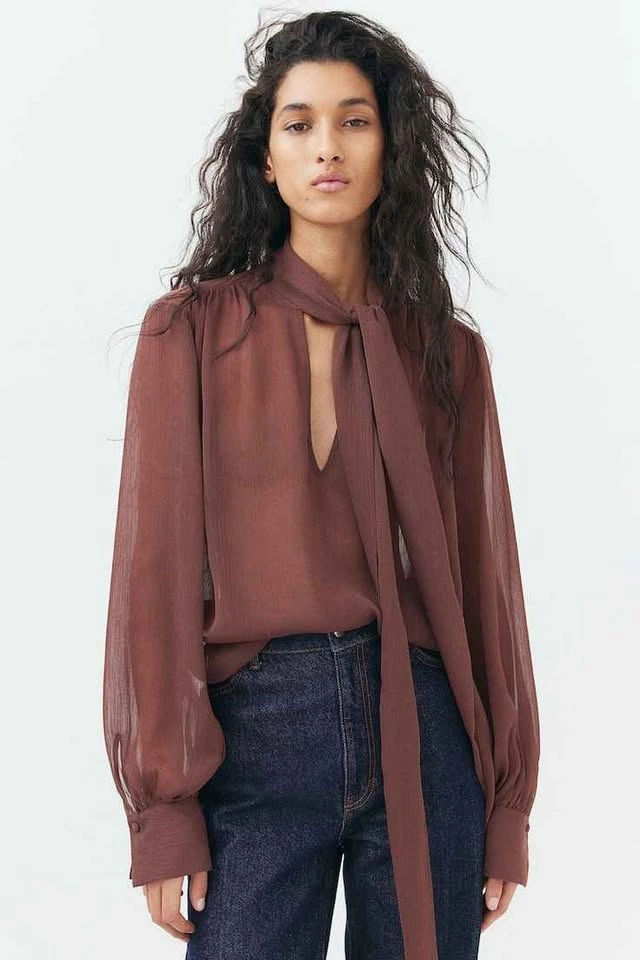 H&M Sheer Chiffon Tie-Neck Blouse Brown Balloon Sleeve - photo 3