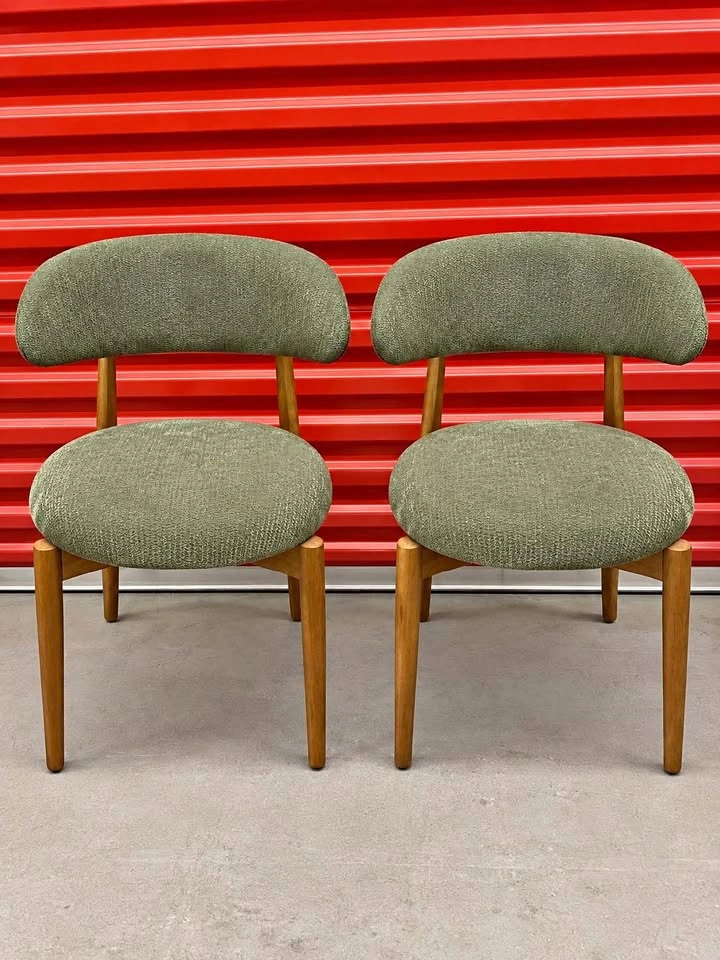 Pair of Mid-Century Modern Green Upholstered Dining Chairs