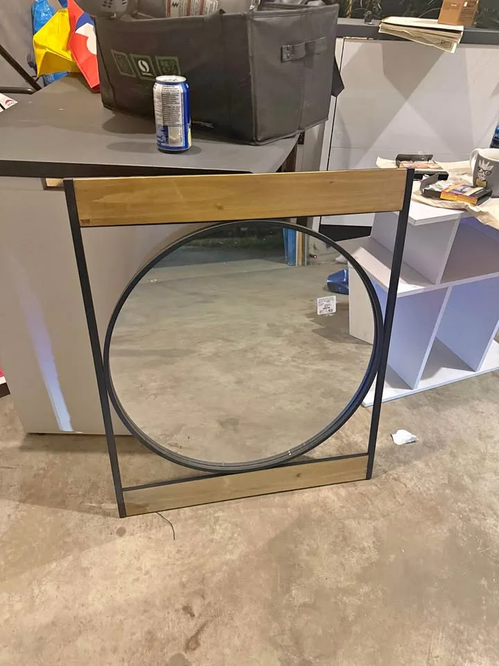 Modern Industrial Round Mirror with Wood & Metal Frame thumbnail