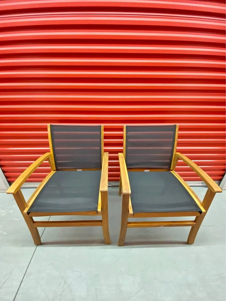 2 Teak and Mesh Outdoor Armchairs
