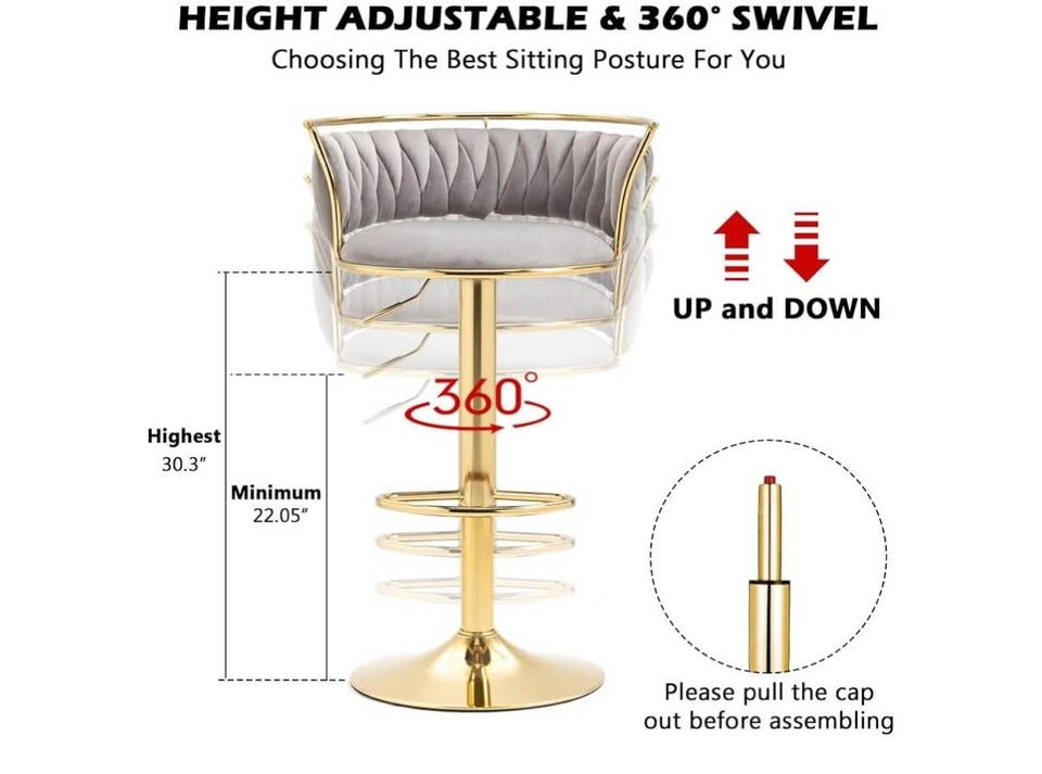 Grey Velvet Swivel Barstool with Gold Base - photo 3