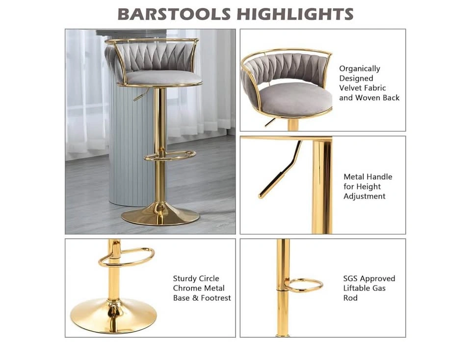 Grey Velvet Swivel Barstool with Gold Base - photo 4