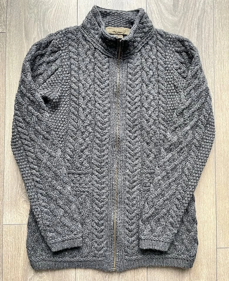 Inis Crafts 100% Merino Wool Zip Up Cable Cardigan Sweater Size