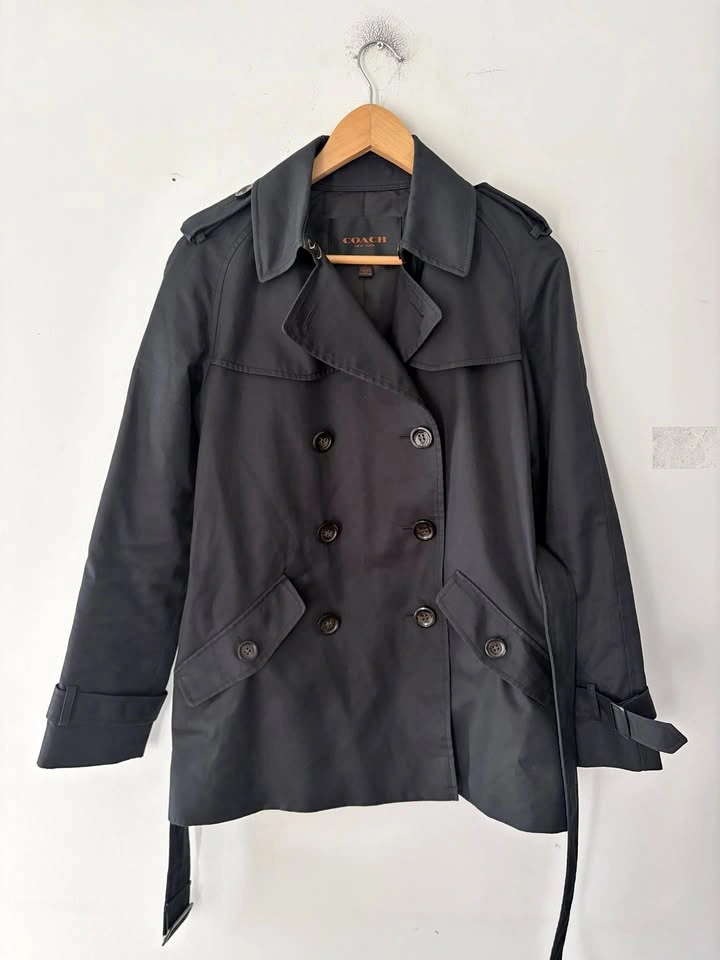 COACH New York Black Double Breasted Short Trench Coat Size S