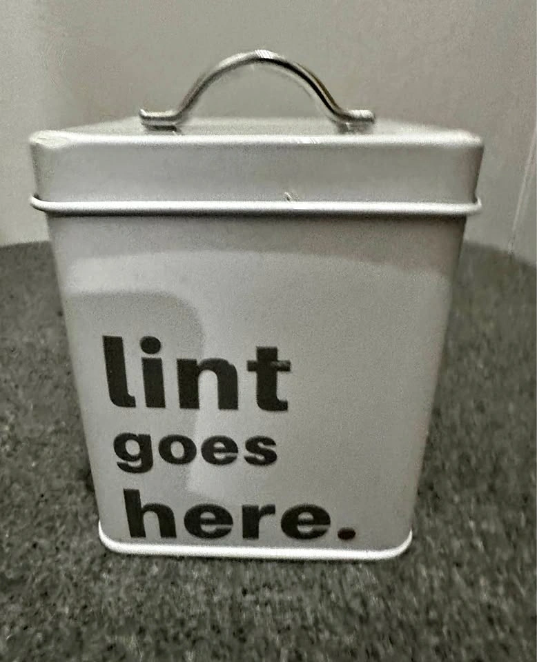 Farmhouse Style White Metal Lint Bin “lint goes here”