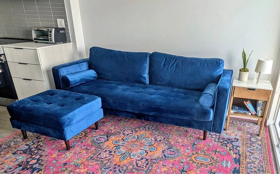 Structube Kinsey 3-Seater Sofa & Ottoman in Blue Velvet