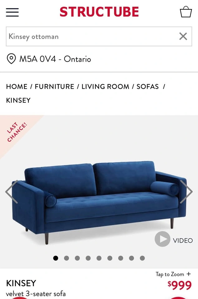 Structube Kinsey 3-Seater Sofa & Ottoman in Blue Velvet - photo 4