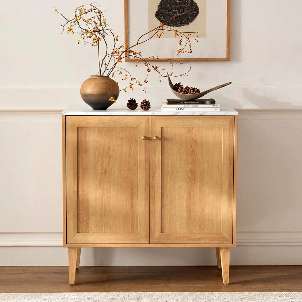 Wood Grain Storage Cabinet with Marble Top