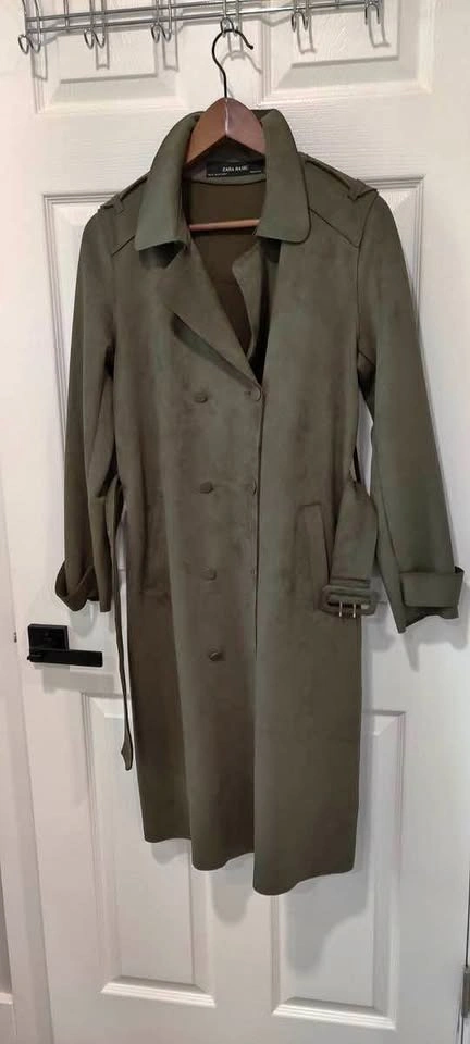 Zara Khaki Green Faux Suede Trench Mac Tailored Coat - XS