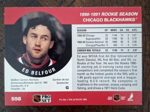 1990-91 Pro Set Ed Belfour Rookie Card #598 - photo 2