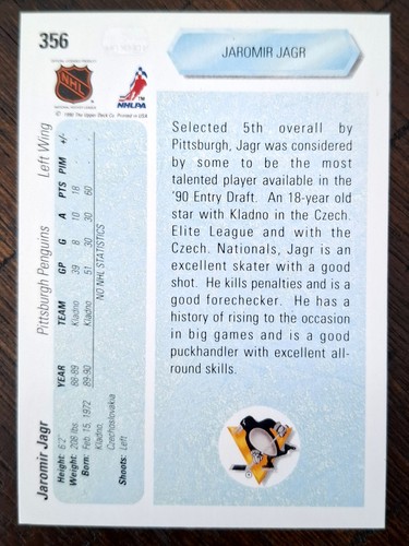 1990-91 Upper Deck Jaromir Jagr Rookie Card #356 - photo 2