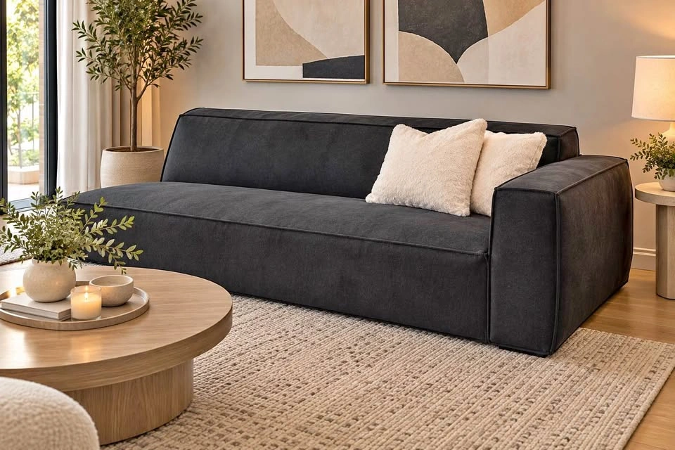 Modern Black Low-Profile Sofa with Accent Pillows