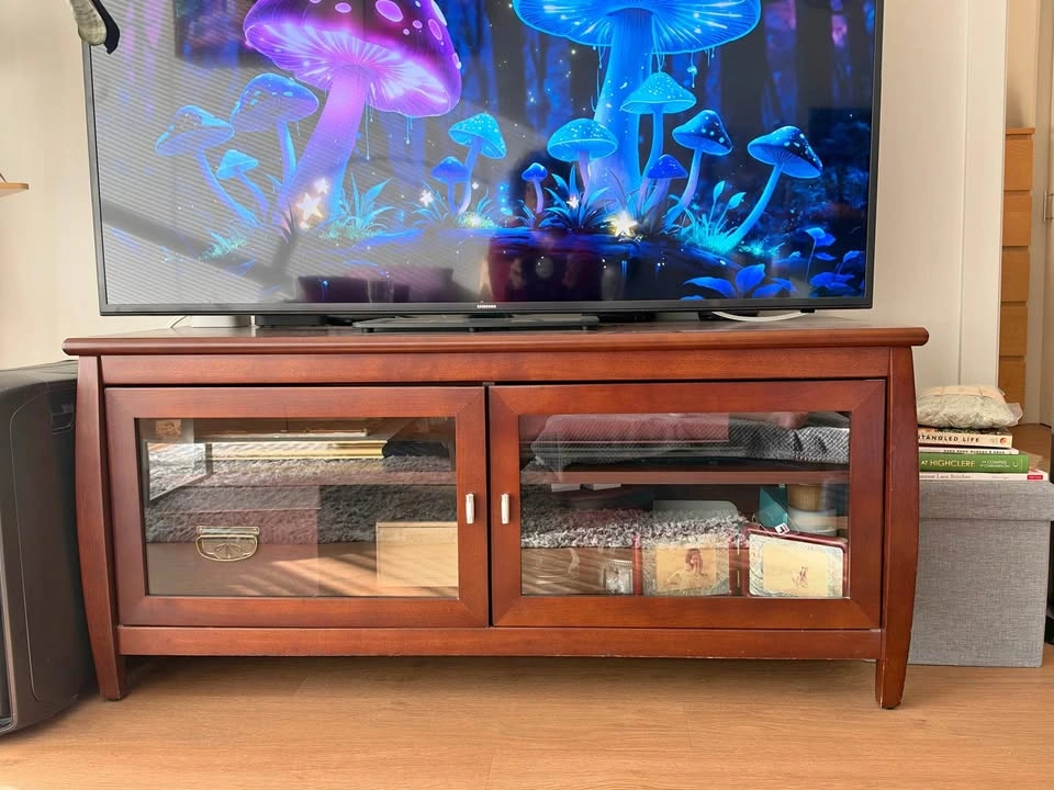 Cherry Wood TV Stand with Glass Doors
