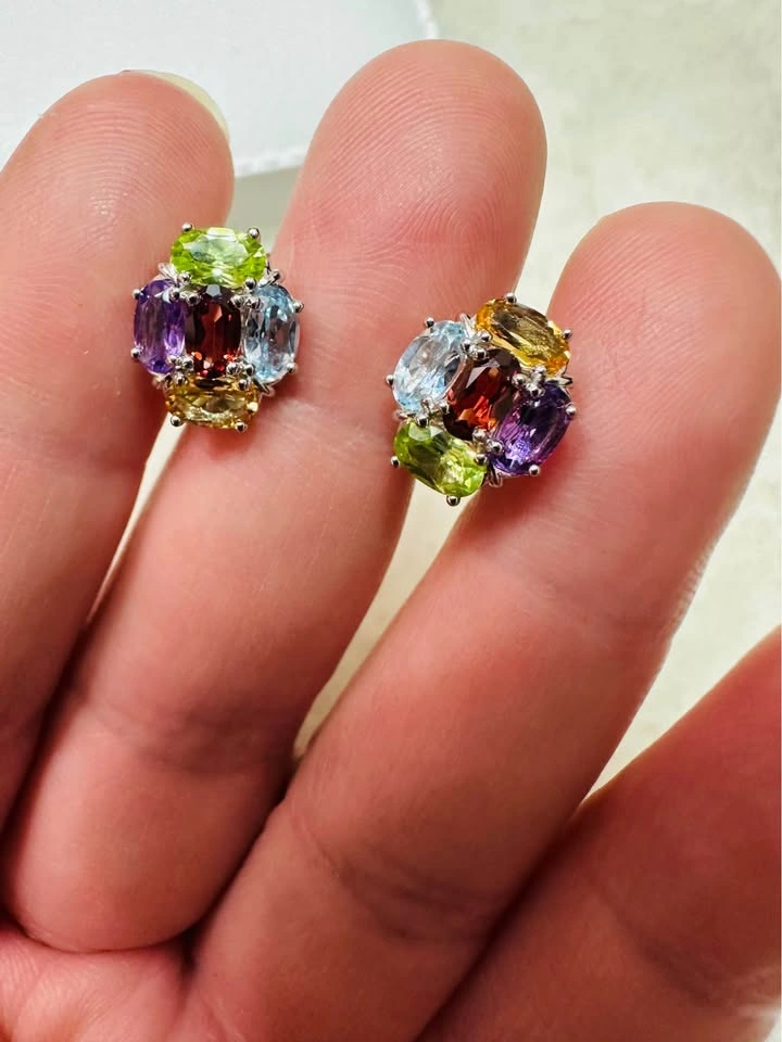 NATURAL Multi-Gemstone Sterling Silver Stud Earrings - photo 3