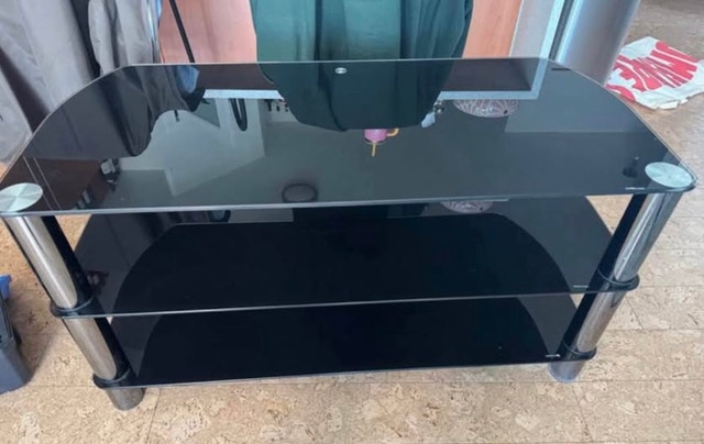 44” TV + Black Tempered Glass TV Console – $100