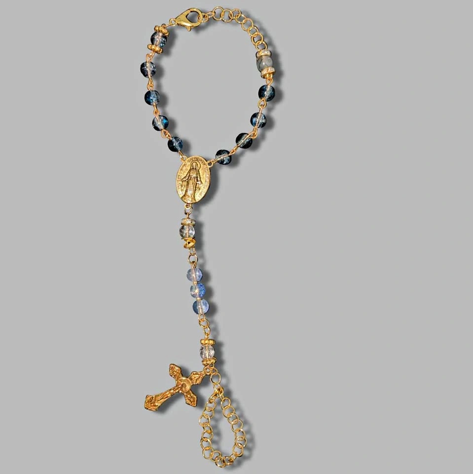 Blue Bead Gold-Tone Rosary Hand Chain Bracelet