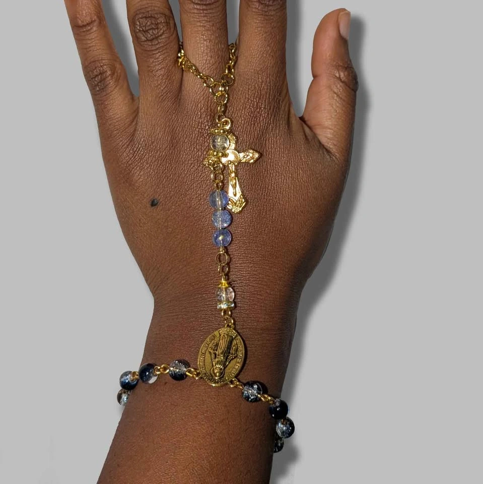 Blue Bead Gold-Tone Rosary Hand Chain Bracelet - photo 2