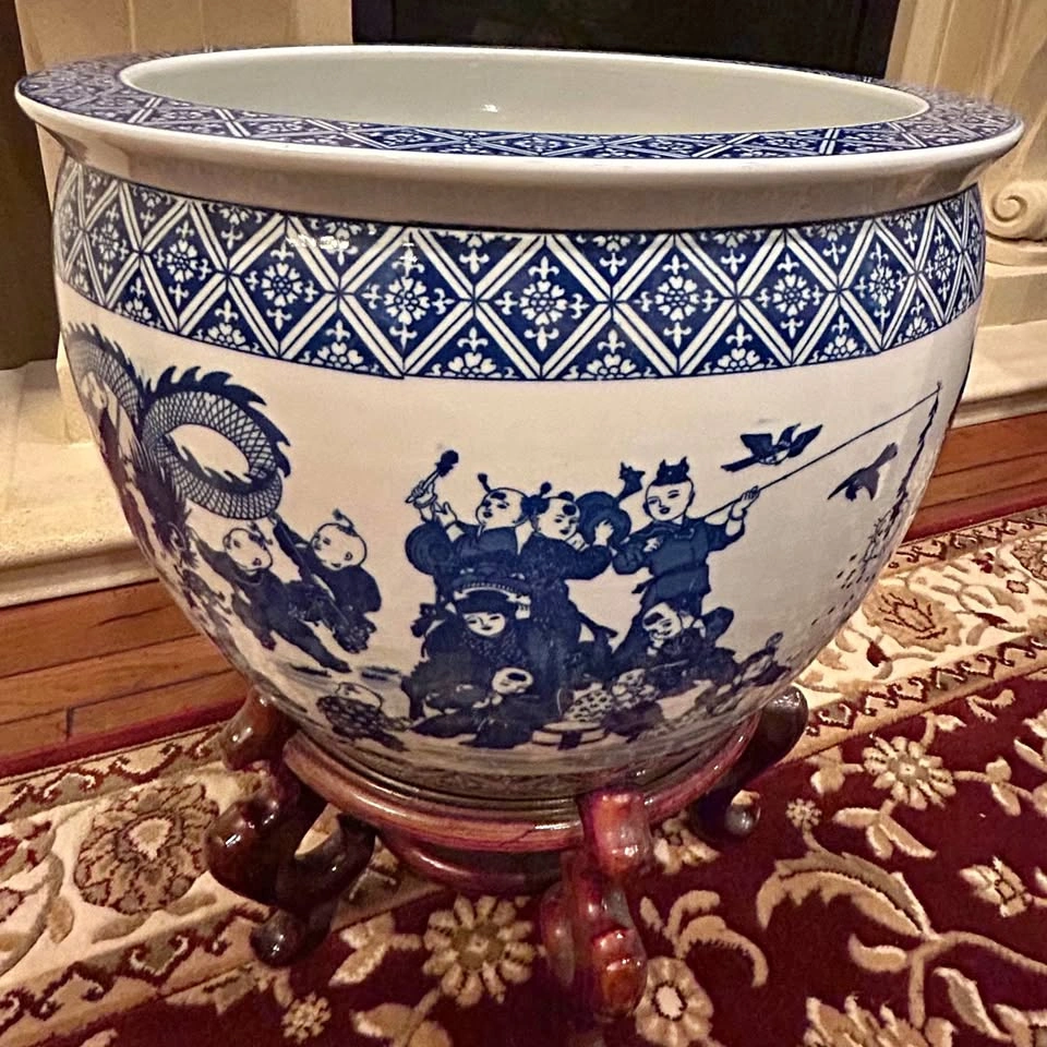 Blue & White Porcelain Fishbowl Planter with Wooden Stand
