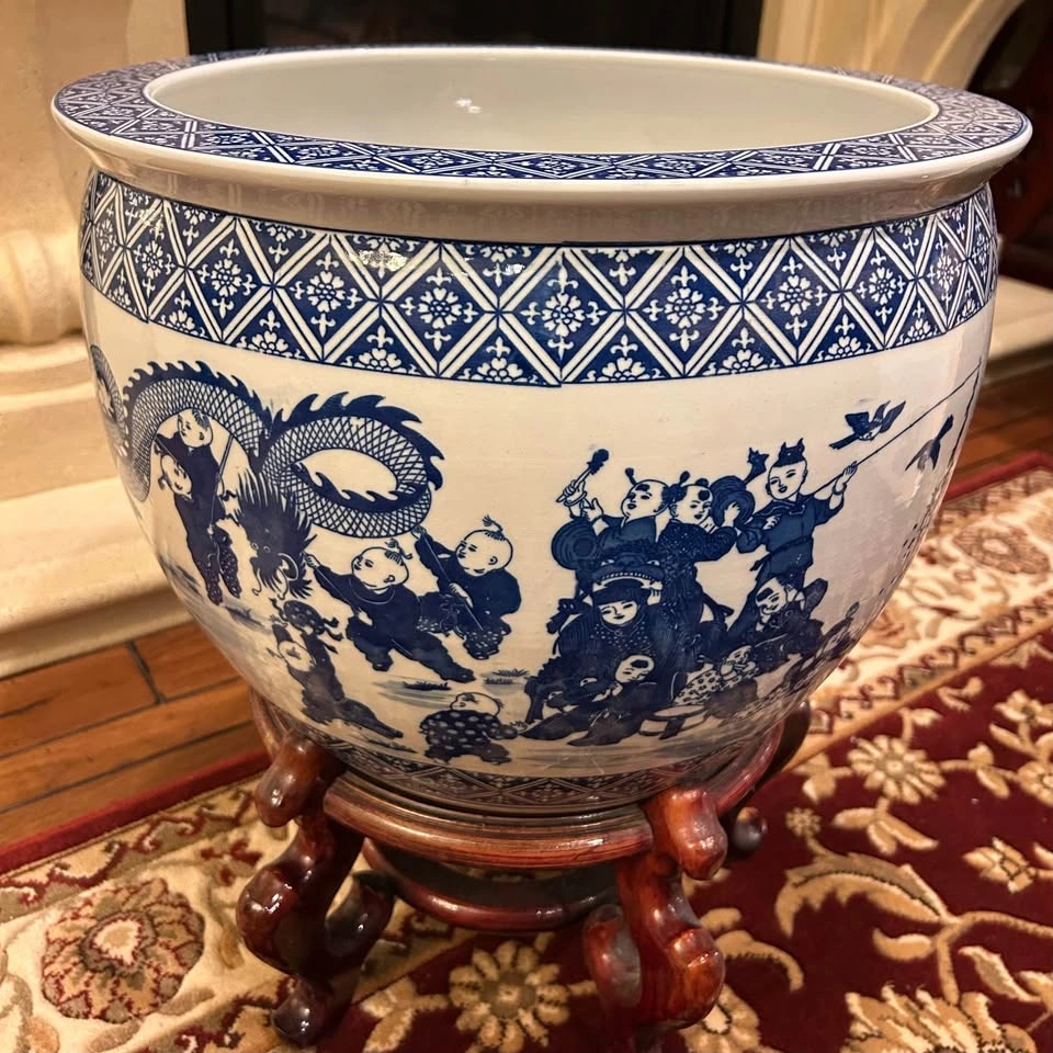 Blue & White Porcelain Fishbowl Planter with Wooden Stand - photo 2